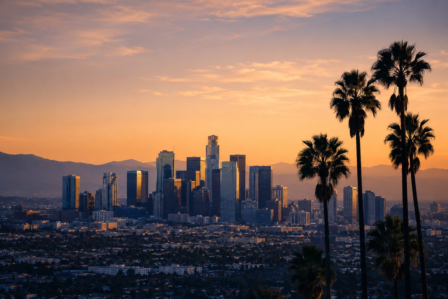 Downtown Los Angeles skyline at golden hour