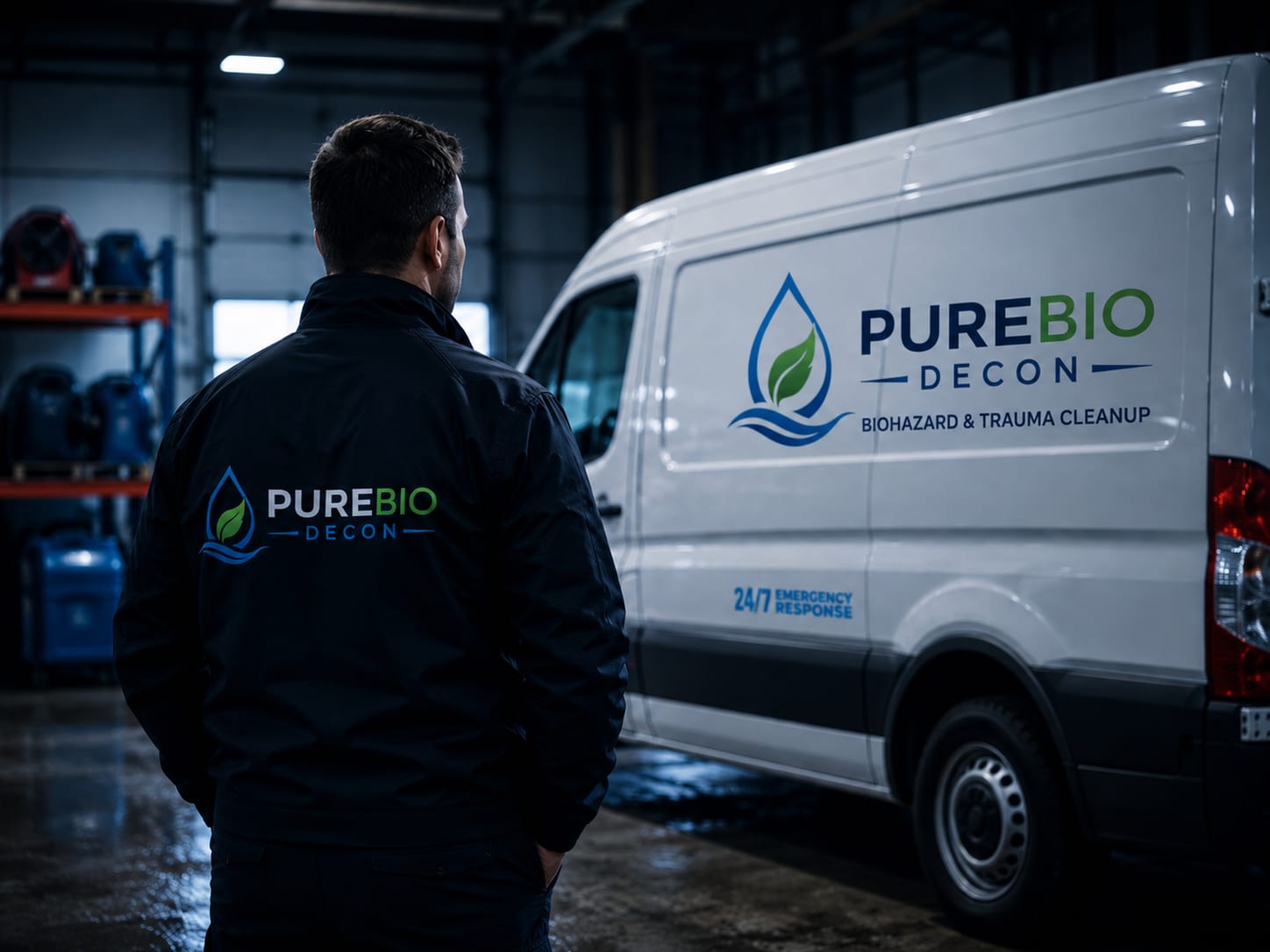 PureBio Decon technician beside a company response van